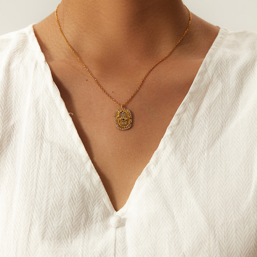 Peace & Protection Hamsa Eye Gold CZ Pendant Necklace