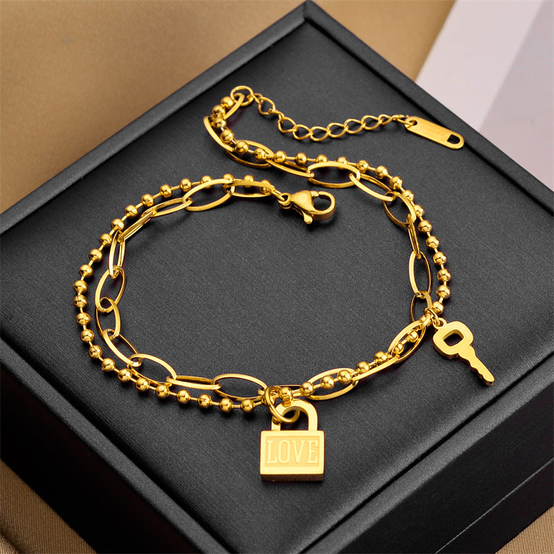 Gold Love Lock & Key Charm Bracelet