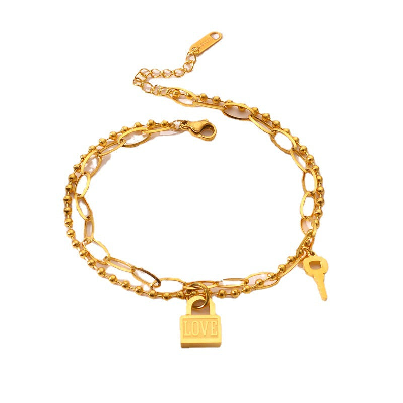 Gold Love Lock & Key Charm Bracelet