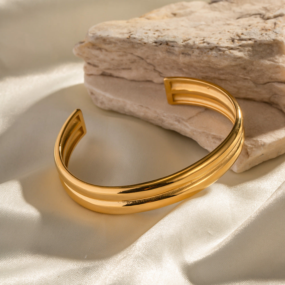 Gold Duo Line Cuff Bangle Bracelet